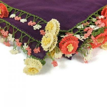 Purple Turkish Oya Scarf, Crochet Edges, Turban..