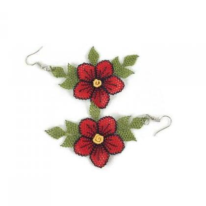  Red flower Earrings ,Turkish Oya E..