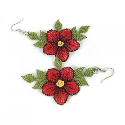  Red flower Earrings ,Turkish Oya E..