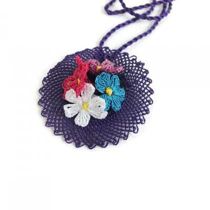 Purple Crochet Necklace with Flower..