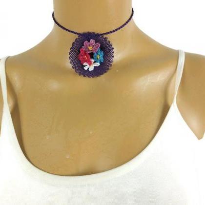 Purple Crochet Necklace with Flower..