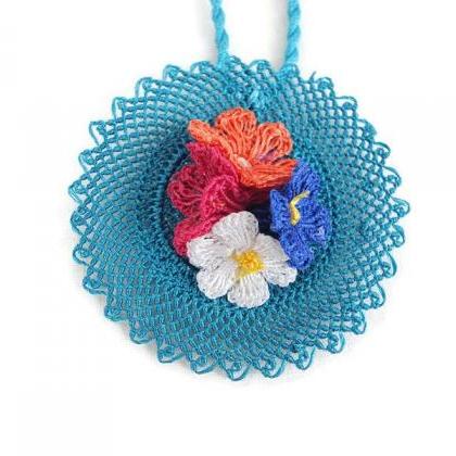 Turquoise Crochet Necklace With Flowers, Turkish..