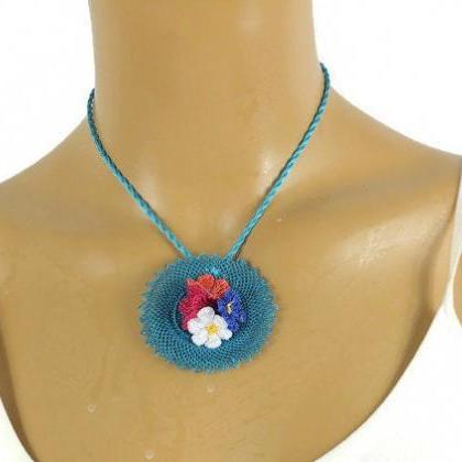 Turquoise Crochet Necklace With Flowers, Turkish..