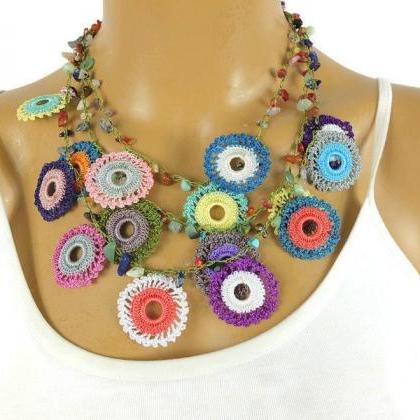 Hand Crochet 3 Layer Colorful Lace Necklace With..