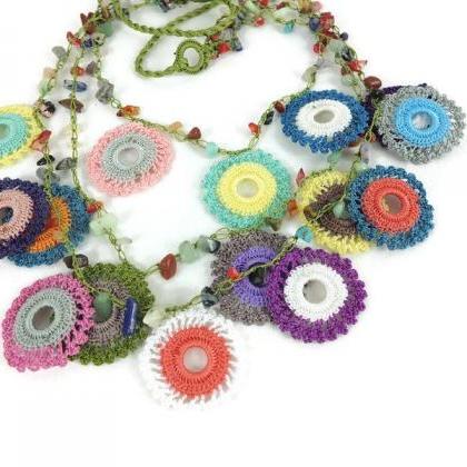 Hand Crochet 3 Layer Colorful Lace Necklace With..