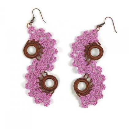 Pink And Brown Spiral Earrings, Long Dangle..