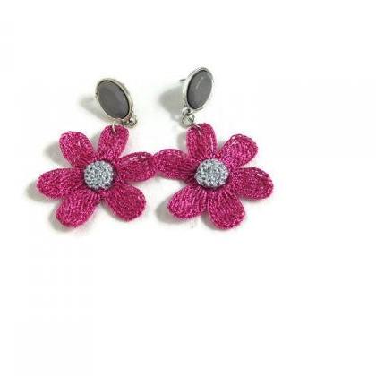Fuchsia Crochet Earrings Daisy Earrings Crochet..