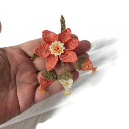Crochet Flower Brooch Pin, Salmon a..