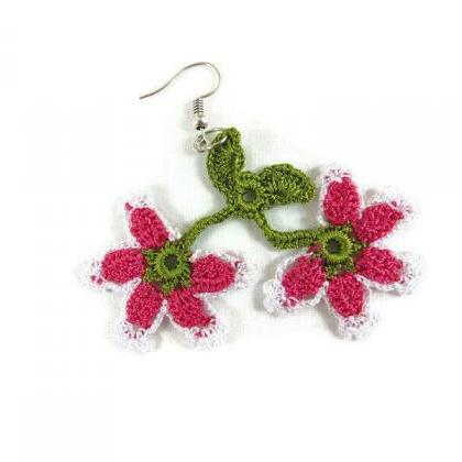 Hot Pink and White Flower Earrings ..