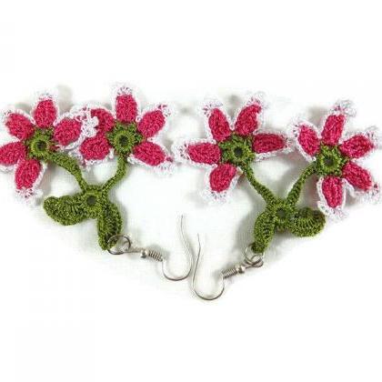 Hot Pink and White Flower Earrings ..