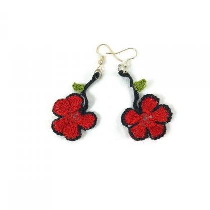 Red Flower Earrings, Dangle Earring..