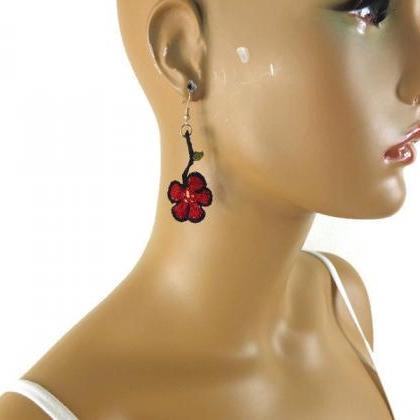 Red Flower Earrings, Dangle Earring..