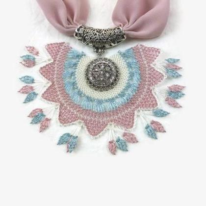 Boho Necklace - Crochet Pendant Scarf - Jeweled..