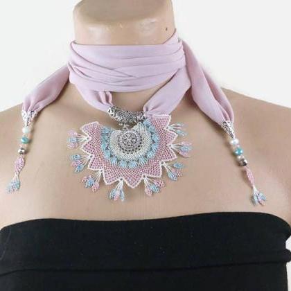 Boho Necklace - Crochet Pendant Scarf - Jeweled..
