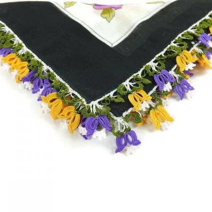 Turkish Oya Scarf - Black Floral - Crochet Flower..