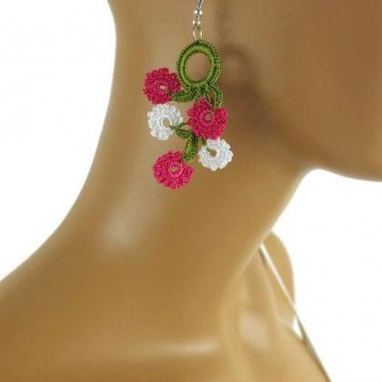 Fuchsia and White Flower Earrings ,..