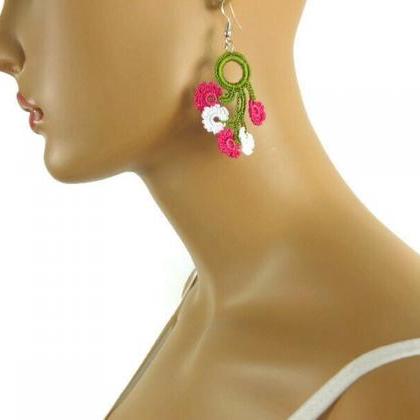 Fuchsia and White Flower Earrings ,..