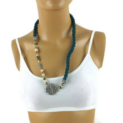 Dark Green Scarf Necklace With Beads , Pull Over..