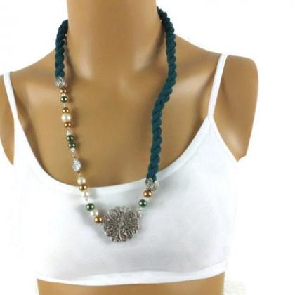 Dark Green Scarf Necklace With Beads , Pull Over..