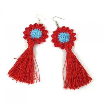  Red and Blue Crochet Flower Earrin..