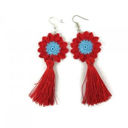  Red and Blue Crochet Flower Earrin..