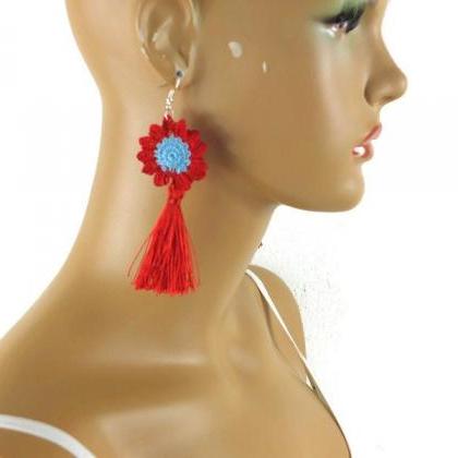 Red And Blue Crochet Flower Earrings With Tassel,..
