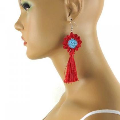 Red And Blue Crochet Flower Earrings With Tassel,..