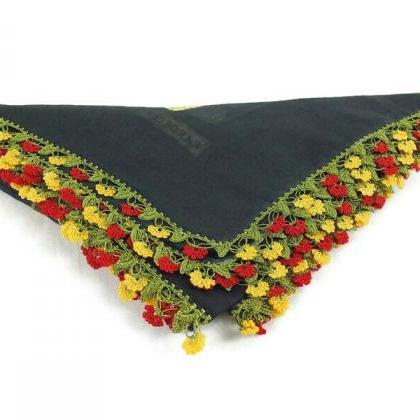 Turkish Oya Scarf - Black Floral - Crochet Edges -..