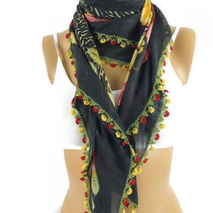 Turkish Oya Scarf - Black Floral - Crochet Edges -..