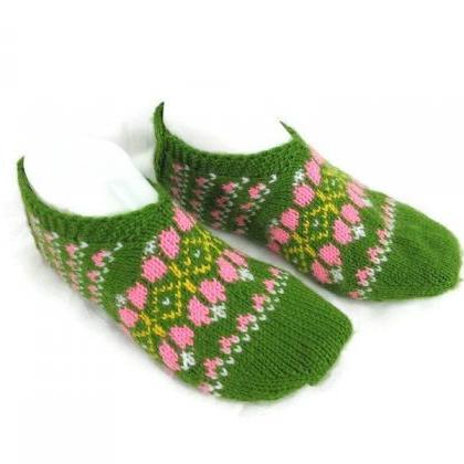Green Home Slippers, Hand Knit Hous..