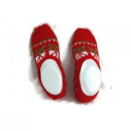 Light Red Slippers For Women, Hand Knit Red Home..