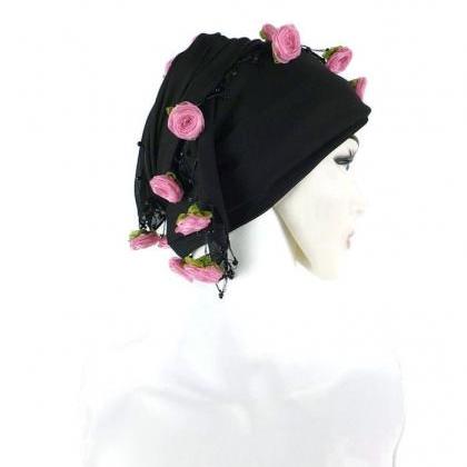 Black Scarf With Pink ribbon rose a..