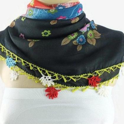  Turkish Oya scarf - Black Floral -..
