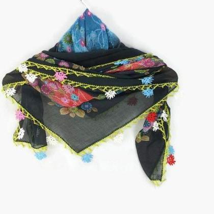  Turkish Oya scarf - Black Floral -..