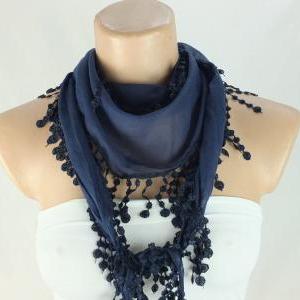 Navy Blue Scarf, Cotton Scarf,cowl With Polyester..