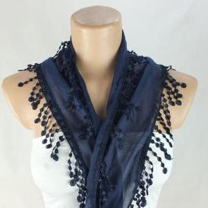 Navy Blue Scarf, Cotton Scarf,cowl With Polyester..