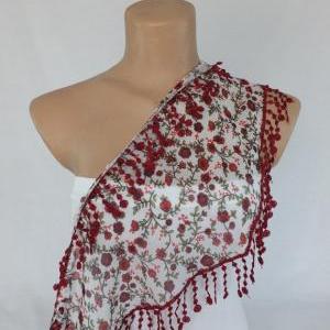 White Floral Scarf, Cotton Scarf, Cowl With..