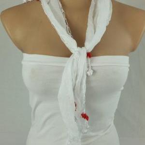 White Scarf ,cotton Scarf, Cowl With Hand Crochet..