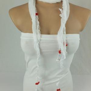 White Scarf ,cotton Scarf, Cowl With Hand Crochet..