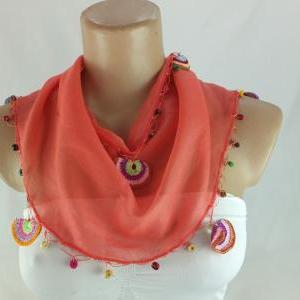 Coral Red Scarf ,cotton Scarf With Crochet Flower..