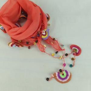 Coral Red Scarf ,cotton Scarf With Crochet Flower..