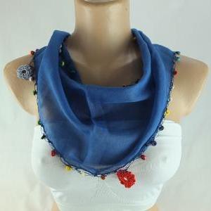Blue Cotton Scarf With Crochet Flower Edges ,blue..