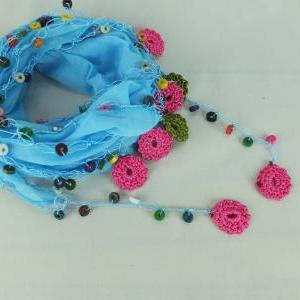 Light Blue Scarf With Crochet Flower Edges..