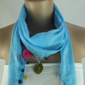 Light Blue Scarf With Crochet Flower Edges..