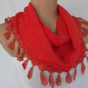 Red Cotton Scarf, Cowl With Lace Flower Trim,women..