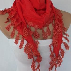 Red Cotton Scarf, Cowl With Lace Flower Trim,women..