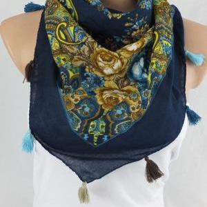Floral blue scarf shawl, cowl with ..