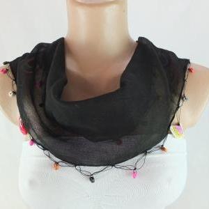 Black Scarf ,cotton Scarf With Crochet Flower..