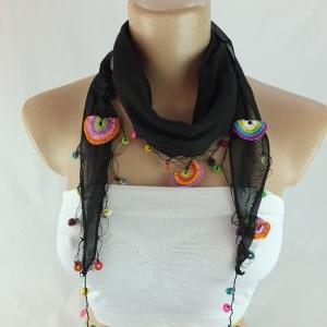 Black Scarf ,cotton Scarf With Crochet Flower..