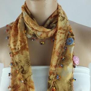 Floral Scarf With Crochet Flower Edges ,cotton..